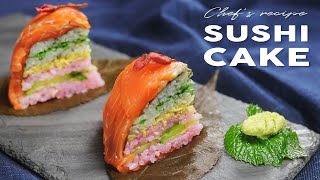 【桜葉の塩漬・春の寿司ケーキ】Sakura leaves Salmon Sushi Cake | Chef Naoko | 春のお寿司 | 桜の葉レシピ | Spring Sushi Party