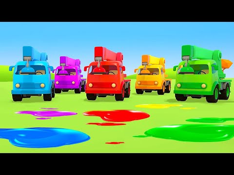 Crane trucks build a colorful tower with blocks. New episodes of Helper Cars cartoons for kids.