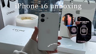 (📦) IPhone 16 aesthetic Unboxing ⋆˙⟡♡ White || New Features + Apple Watch SE