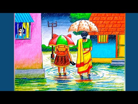 How to draw a rainy day scenery step by step/Rainy season scenery drawing