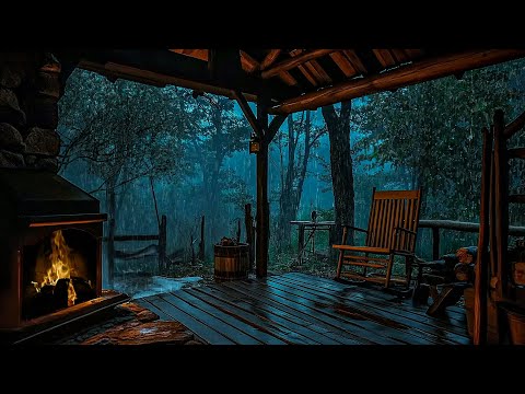 Rainy Night Forest Ambience ⛈ Heavy Rain and Fireplace Burning Sound Lull You To Sleep