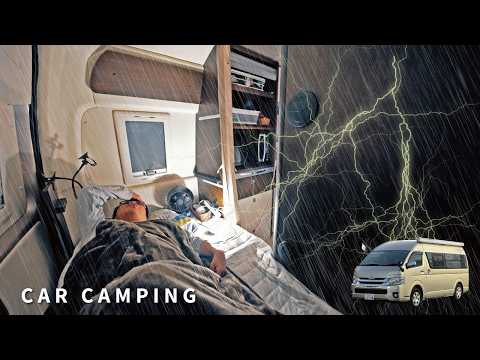 [Car camping in heavy rain] Late night with disaster-level heavy rain [Hiace camper]