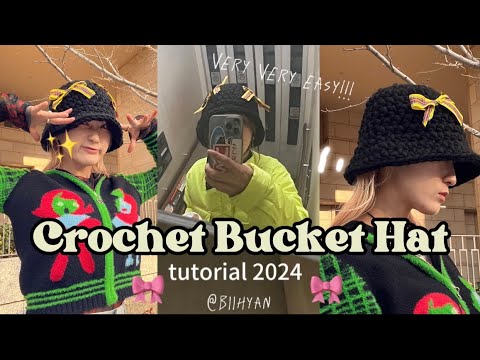 【かぎ針編み 】たった1日で完成！！！超簡単なバケットハットの編み方👒/Crochet Bucket Hat🧶🖤🎀Very Easy Tutorial⤴︎⤴︎