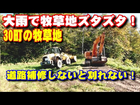 【トラクター】猛烈な豪雨で牧草地ズタズタ！これじゃ刈れない！先ずは道路補修。