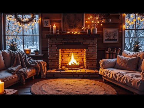 Cozy Winter Cabin ❄️Warm Firelight, Rustic Charm & Snowy Forest View ~ Relaxing Jazz for Peaceful