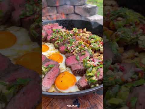 Steak and Eggs with Charred Scallion Chimichurri Recipe | Over The Fire Cooking by Derek Wolf