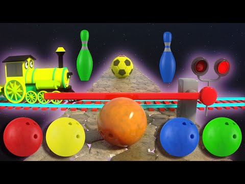 🚂 Bowling Ball Smashes Kinetic Sand Numbers, Shapes & Letters! 🍎🍇 Train Teaches Fruits A-Z 🌌