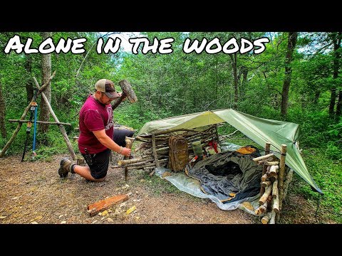 Overnight Shelter Building w/ Minimal Tools - 12 Day Survival Challenge - Day 7