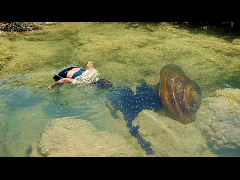 There is an invincible giant clam spitting out charming blue pearls and playing in the river water