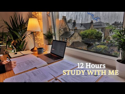 12 HOUR STUDY WITH ME on A RAINY DAY Background noise, 10 min Break, No music, Study with Merve