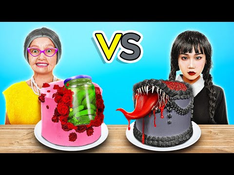 NEW 123 GO! Granny vs Wednesday Cake Decorating Challenge! Awesome Spooky Food!