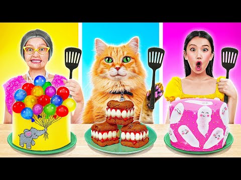 NEW 123 GO! Me vs Granny vs Cat Cake Decorating Challenge! Awesome Halloween Receipts!