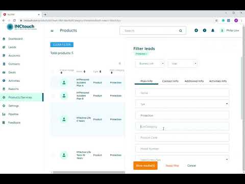 Inctouch CRM Product Filtering