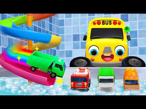 Wheels On The Bus Slide In The Pool | Have Fun With Friends | Nursery Rhymes & Kids Songs - Baby Car