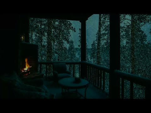 Winter Balcony In Snowstorm - Crackling Fireplace and Wind Howling with Snow Fall -Deep Sleep, Relax