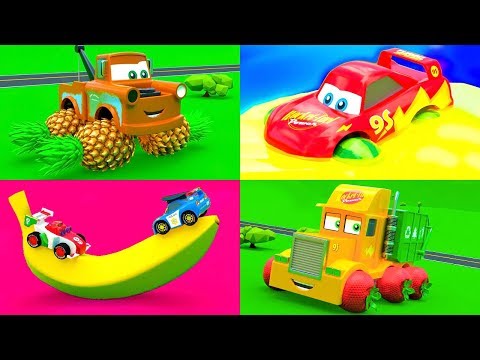 Funny Fruit Party in The City of Little Cars - Mcqueen Cars Friends change their wheels with fruits