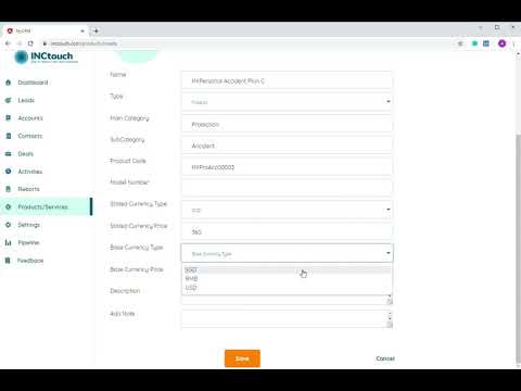 Inctouch CRM Add a Product