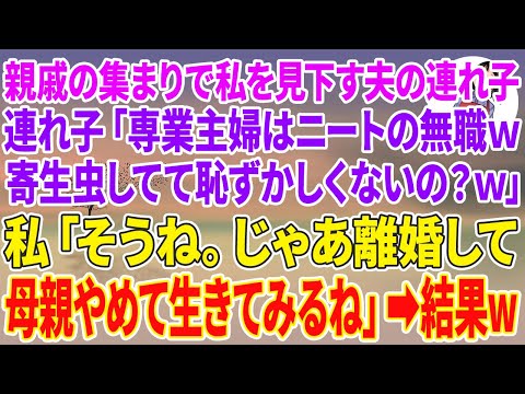 【スカッとする話】親戚の集まりで主婦の私を見下す夫の連れ子「専業主婦はニートの無職w寄生してて恥ずかしくないの？w」私「そうね。じゃあ離婚して母親やめて生きてみるわね」結果w