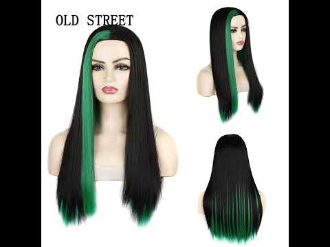 60cm Long Synthetic Hair Straight Wig Mixed Black Green Color Highlight Natural Fake Hair for Women