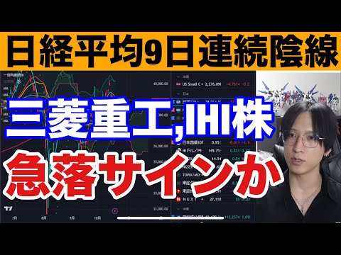 10/21、三菱重工、IHI株が急落。日本株動くサインか。日経平均9日連続陰線で弱すぎる。半導体株は上昇。投売り銘柄動くか。ドル円149円台。米国株、仮想通貨BTC、金先物強い。