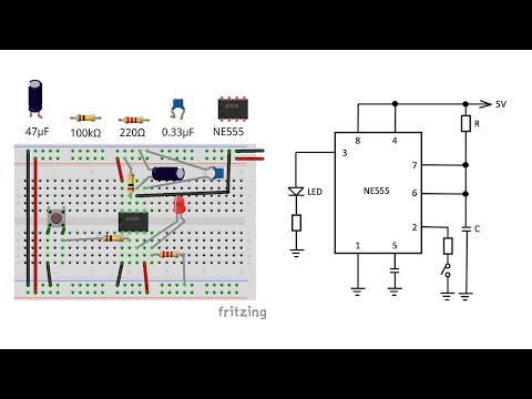 タイマーIC「NE555」 をつかって、スイッチを押すとある時間経過後にLEDが消灯する回路をためした