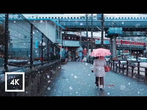 Snowfall Walk in Kyoto, Japan 4k Binaural Audio, City Sounds