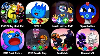 FNF Pibby Gumball, FNF Metamorphosis, FNF Scratchin Melodii, FNF Midnight Hunger, FNF Ourple Guy V3