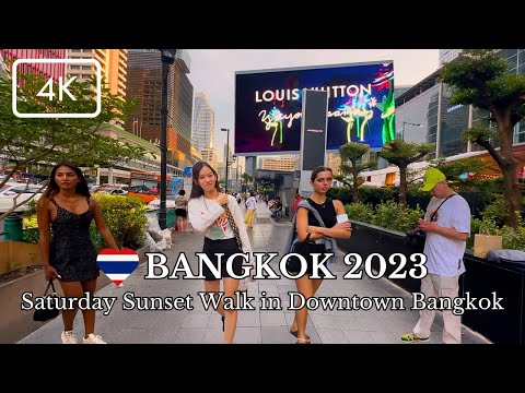 [4K] 🇹🇭 Saturday Sunset Walk in Downtown Bangkok 2023 - CentralWorld to Siam Square