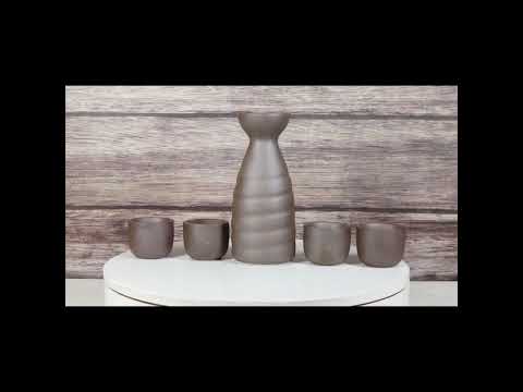 Glazed Ceramic Abstract Clay Brown Japanese Sake Tokkuri Flask And 4 Cups Set