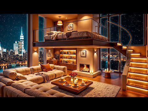 ❄ Cozy Apartment Ambience with Relaxing Jazz Saxophone Music & Fireplace Sounds for Stress Relief