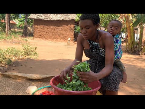 African Village Lifestyle Of Our Youngest Rural Mom #cooking Millet Flour With Vegetables For Dinner