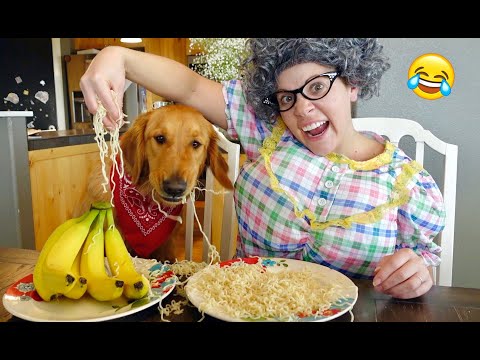 Who Eats It Faster? My Puppy or Grandma? Food Eating Challenge!