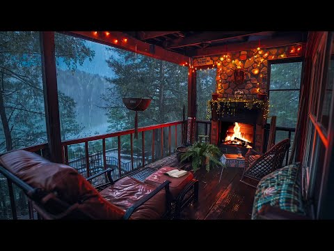 Relax On The Balcony On A Rainy Day ⛈ Crackling Fireplace, Rain and Thunder For Healing, Relaxing💤