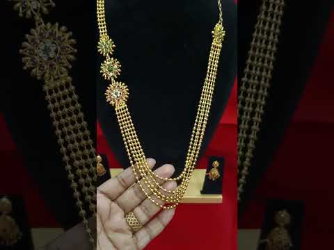 *First quality micro gold plated**5 line Rani semi Ball Haram with matching earring set 725+$