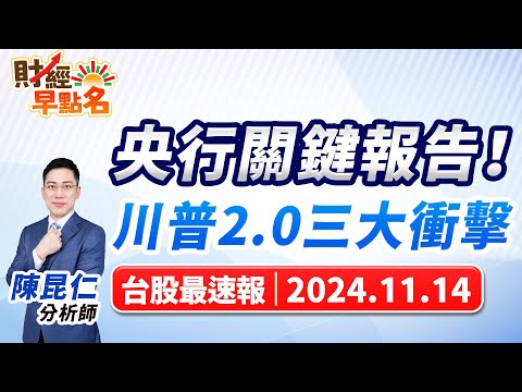 【央行關鍵報告！川普2.0三大衝擊】2024.11.14 台股盤前 #財經早點名