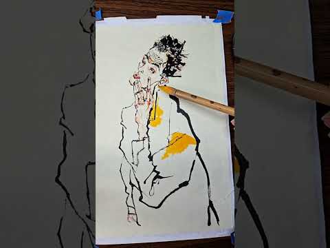 Master study of Egon Schiele's Self-portrait, Ink, and WC on Mulberry Paper with #RobertSherrill