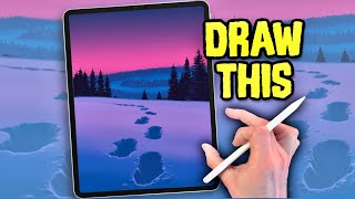 EASY PROCREATE Landscape DRAWING Tutorial in EASY steps - Footprints in Snow