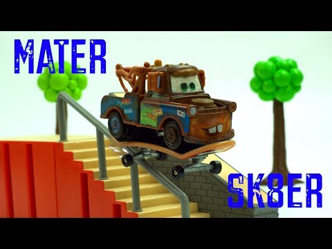 Mater Ska8er runs into Flippy the Skateboard doing some sweet tricks