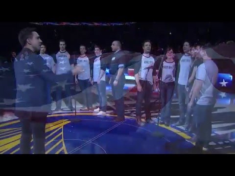 Jersey Boys tour cast singing the national anthem at Warriors vs. Spurs!