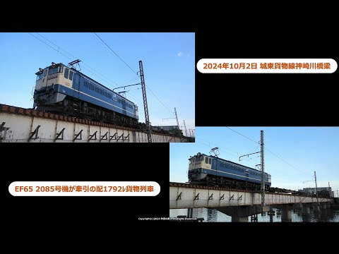 城東貨物線神崎川橋梁を渡るEF65 2085号機牽引の配1792ﾚ貨物列車の撮影です。（R6.10.2）