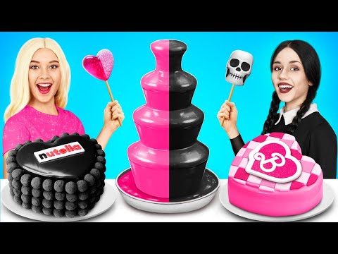 Wednesday vs Barbie Cooking Challenge! Pink vs Black Food Color by YUMMY JELLY