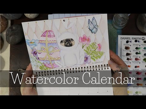 March Easter Pug watercolor painting on Let's Make Art calendar. #watercolorart #2024calendar