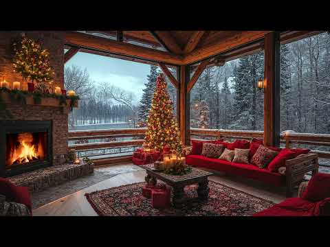 Christmas Jazz & Cozy Fireplace Sounds 🔥 Warm Christmas Balcony Ambience on Snowy Day for Relax 🎄🎅