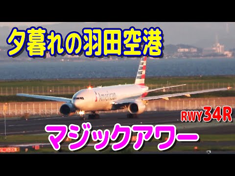 マジックアワー 羽田空港 夕暮れの離発着!! 【羽田空港 RWY34R】 （YouTube の『一定音量』機能をOFFにしてお楽しみください)