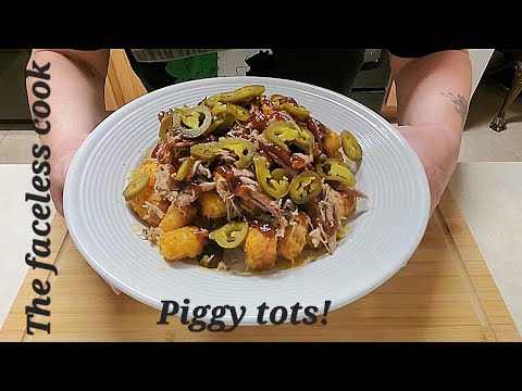 10-21-22 Tater tots. BBQ sauce, pulled pork, jalapenos and cheese. AKA piggy tots!