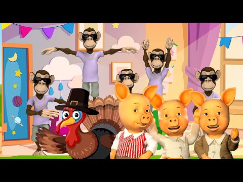 Five Little Monkeys Nursery Rhyme | Thanksgiving Song For Kids | Three Little Pigs Animated Story