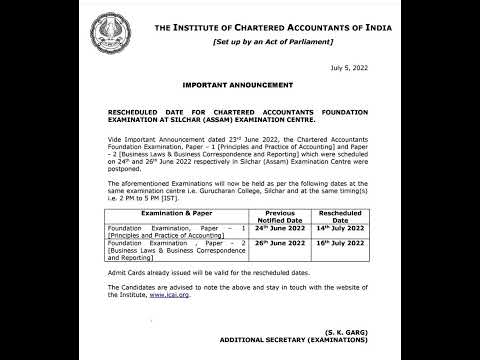 Breaking News For CA Foundation Students - Reschedule Date are Out for Assam Students paper 1&2 #ca