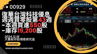 【00929復華台灣科技優息 / 存股領息賺錢】週週買零股第43週，本週買進=550股，累計庫存=19,200股，年底做帳行情有望反彈到季線？