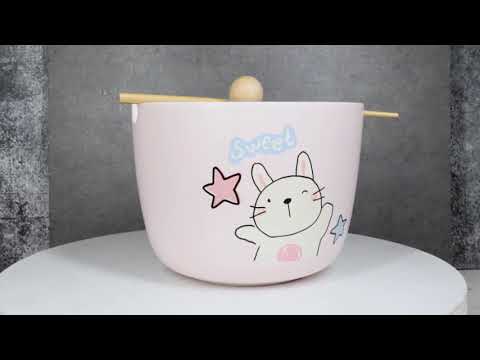 Whimsical Anime Sweet Rabbit Donburi Ramen Soup Bowl With Chopsticks And Lid