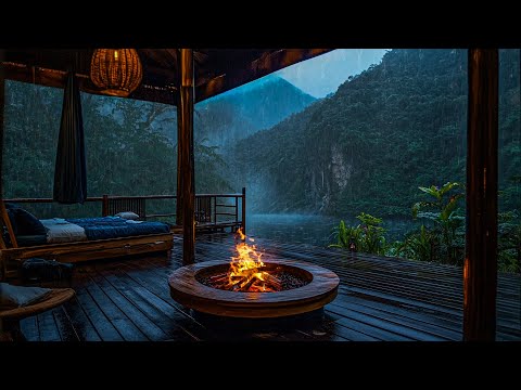 Rain and Bonfire Sounds in a Cozy Cottage by the Lake | Perfect for Sleep and Relaxation